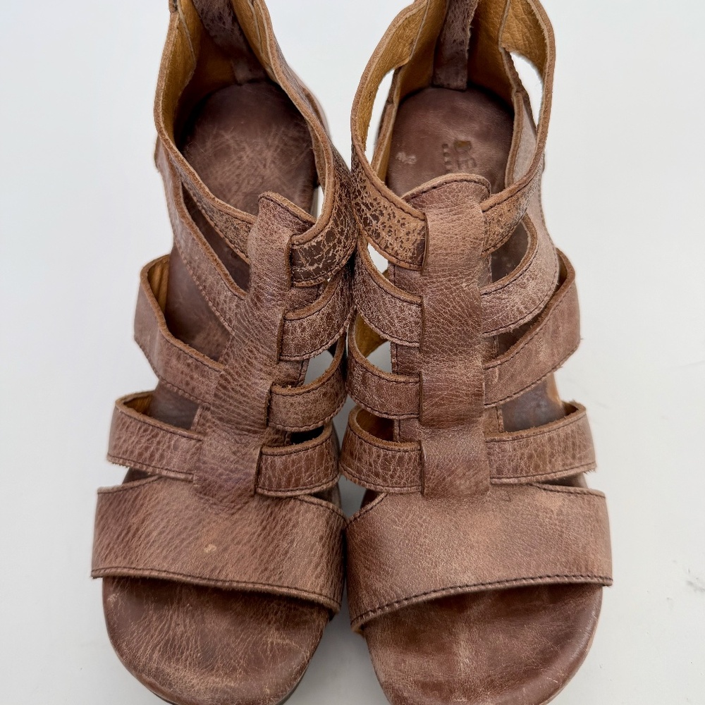 BED|STU Distressed Leather Platform Strap Sandals 8 Wood Heals Boho Bed Stu